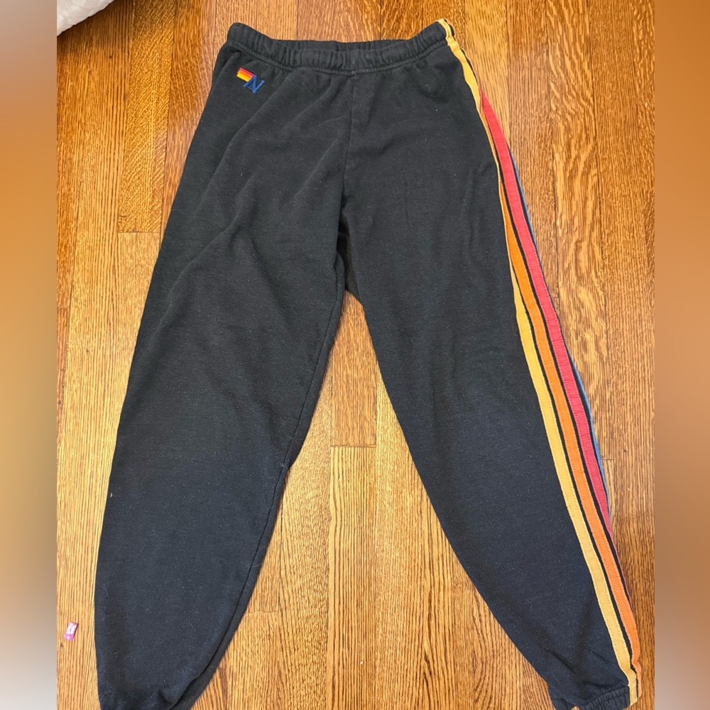 Aviator Nation Black Joggers with Rainbow Stripes